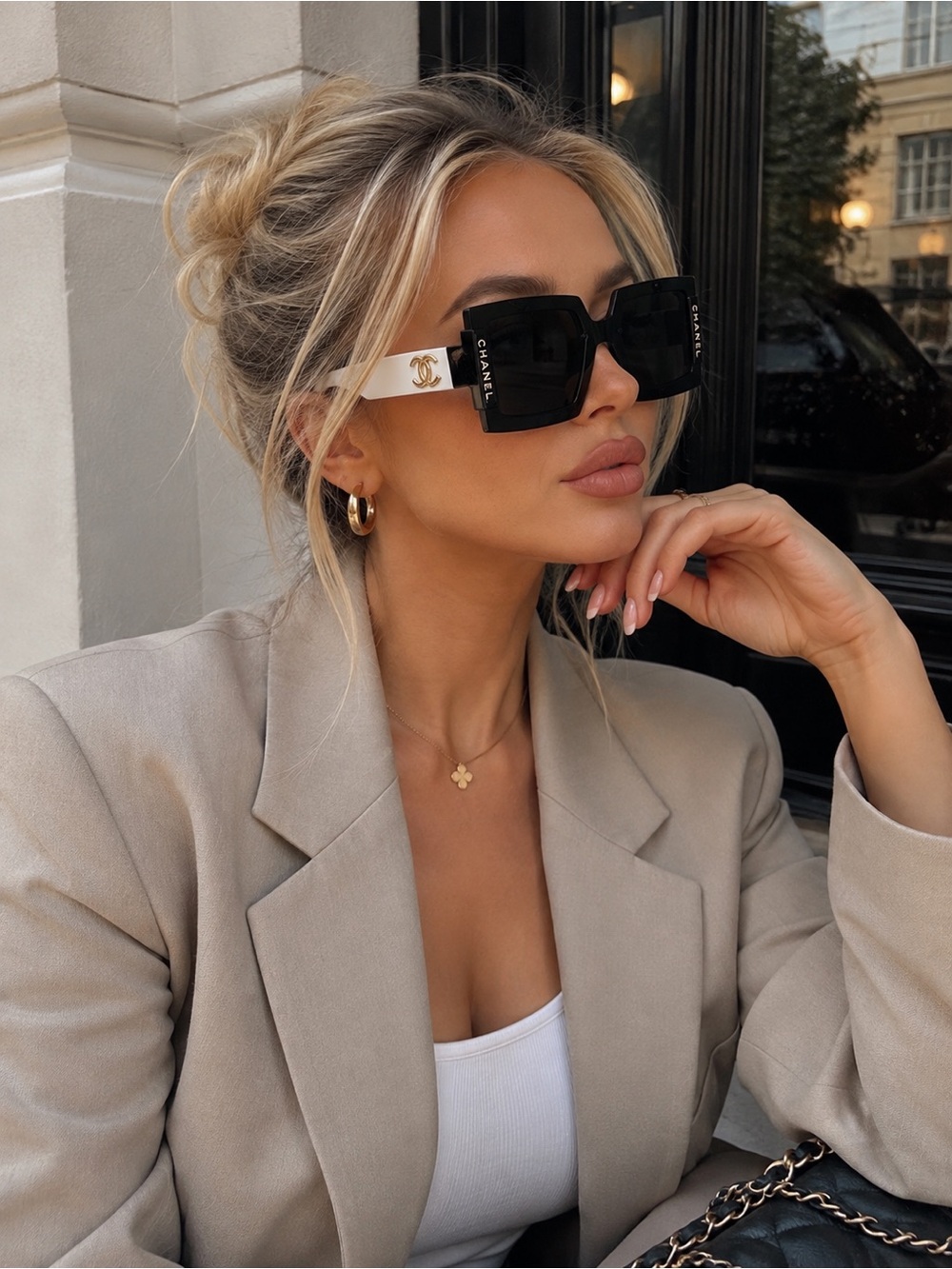 Black Square Sunglasses with White Arms and Gold CC